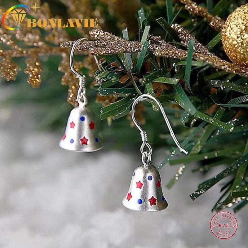 BONLAVIE 925 pendientes de plata para mujer Dulce Estrella campana colgante de oreja corta anillos de navidad