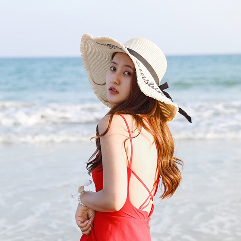 Weave Sun Hats Straw Hat Black Ribbon Tie Up Caps for Women Summer Beach Outdoor ZJ55