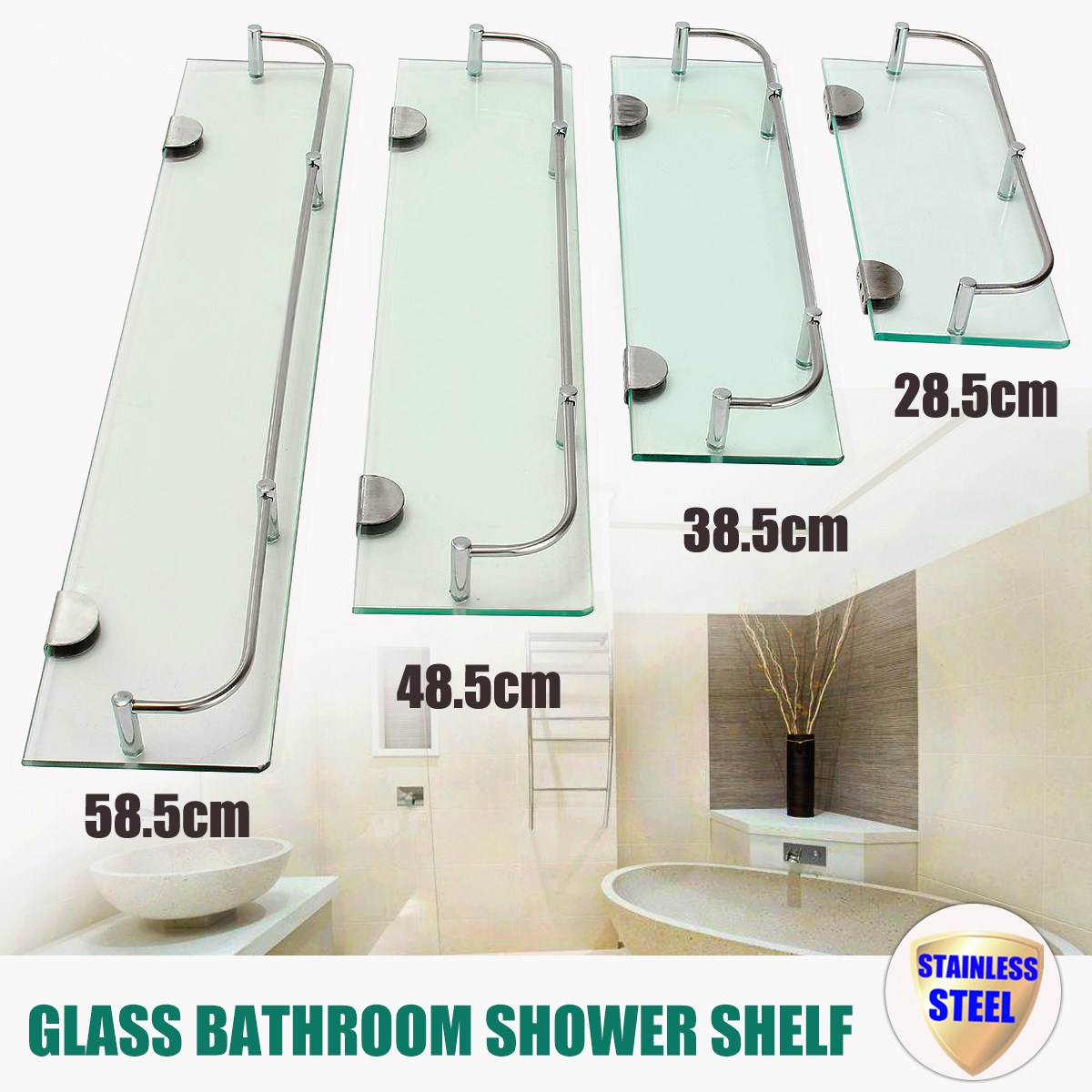 Glass Shower Shelf Bathroom Rack Organizer Holder Rectangle Tier Bathroom Hardware Shampo Mirror Front Rack Wall Mount Shelf