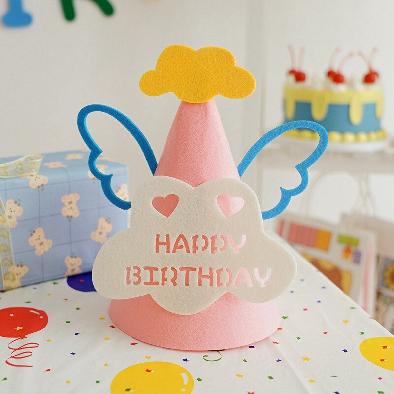 Ins Crown Birthday Hat with Wing Stars Adult Children Felt Party Hats Party Decor Kids Accessories Happy Birthday Decoration: Pink