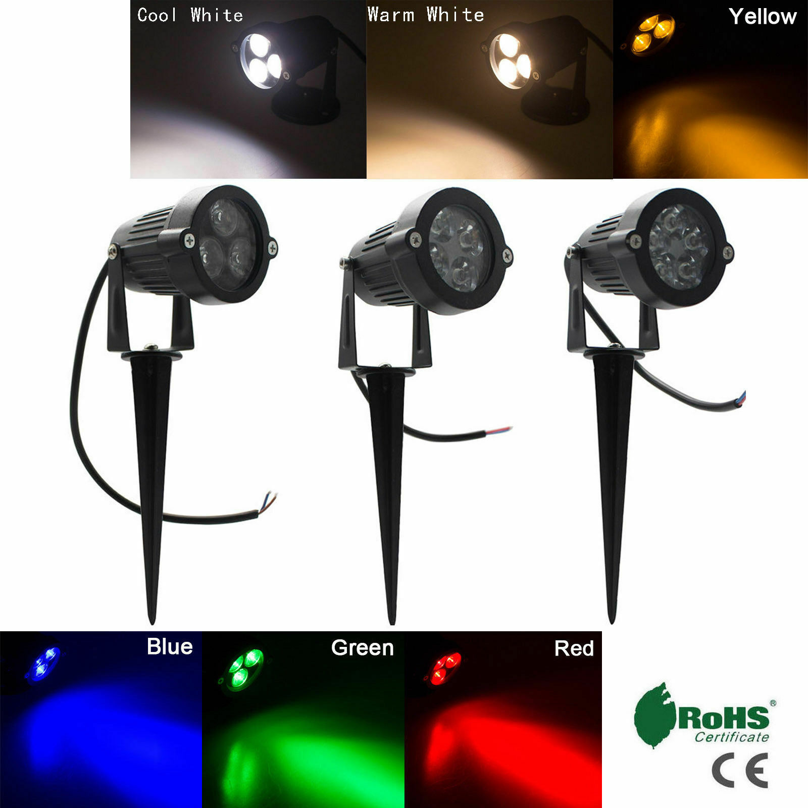 Projecteur LED Imperméable Conforme à la Norme IP65, Lumière Verte, Bleue, Rouge, Blanche et Chaude, Idéal pour un Jardin, une Cour, un Sentier ou un Paysage, 15/12/9W