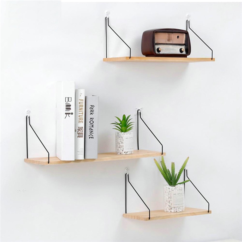 Solid Wooden Wall Shelf Iron Partition Board Wall Hanging Storage Shelf Rack Home & Living Room Decor Wall Mounted Shelf