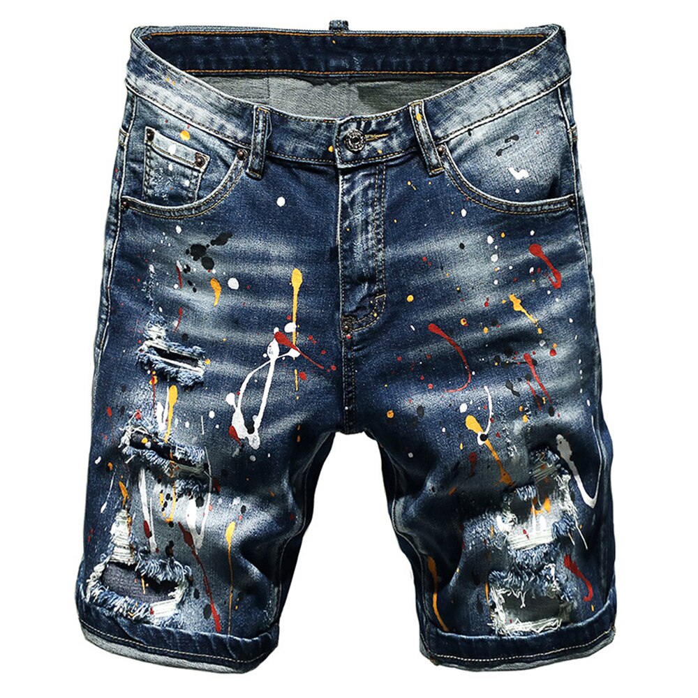 Short en jean déchiré peint pour hommes, Streetwear, Slim, trous, culotte extensible, été