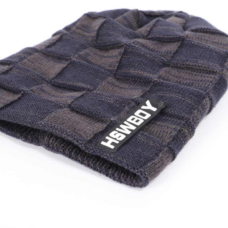 Brand HSWBOY Knit Beanie Hat Winter Striped Plaid Plus Velvet Thicken Hedging Cap Warm Man Male Bone Skullies