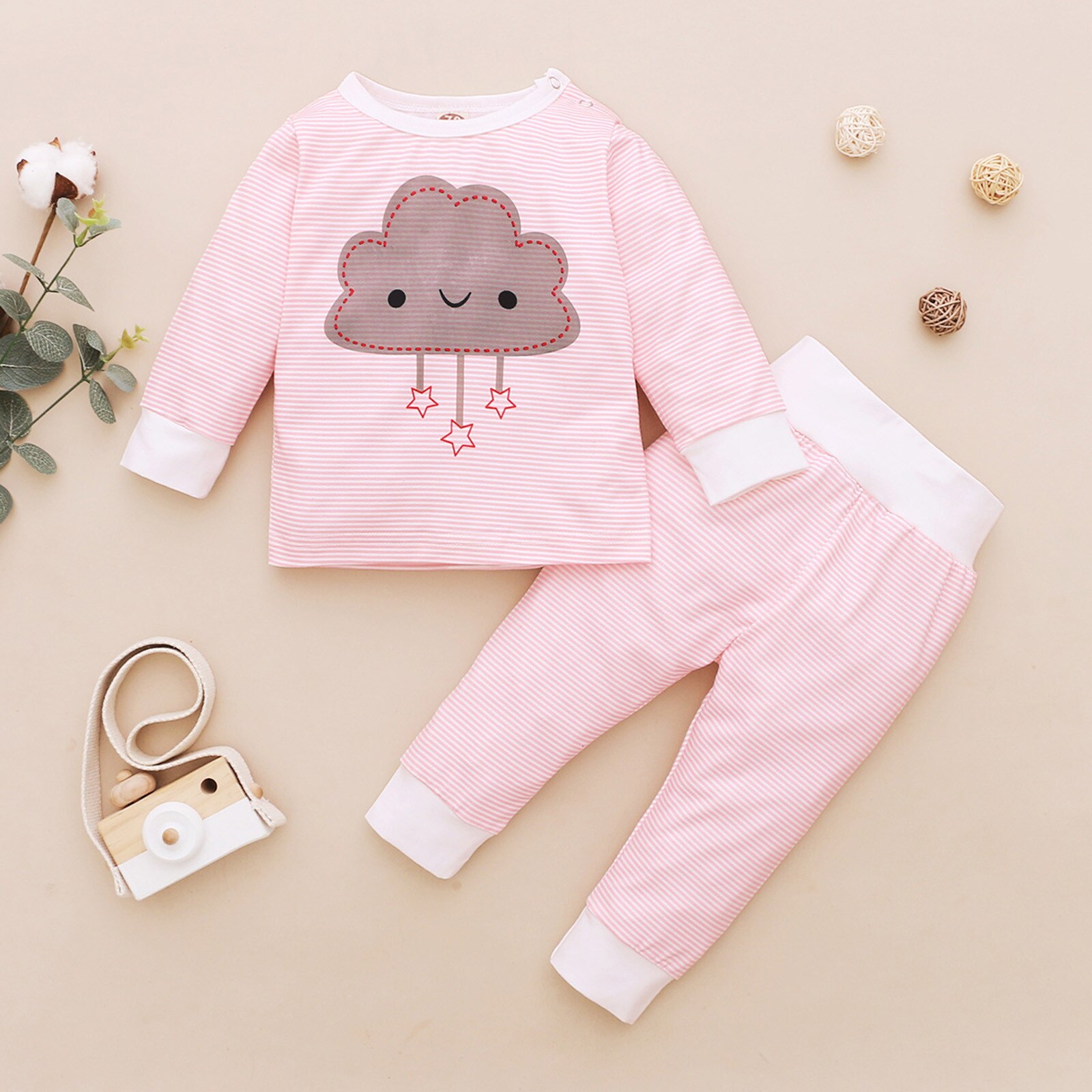 Cartoon Katoenen Pyjama Set Voor 3-18M Baby Meisjes Nachtkleding Set Lange Mouw Tops Broek Kit Herfst winter Thuis Kleding: Pink / 90