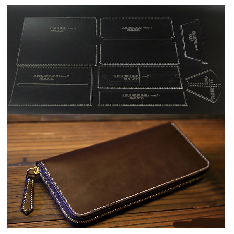 N Durable Acrylic Wallet Leather Template DIY Leathercraft Long Zip Wallet Purse Stencil Sewing Pattern 20*10cm