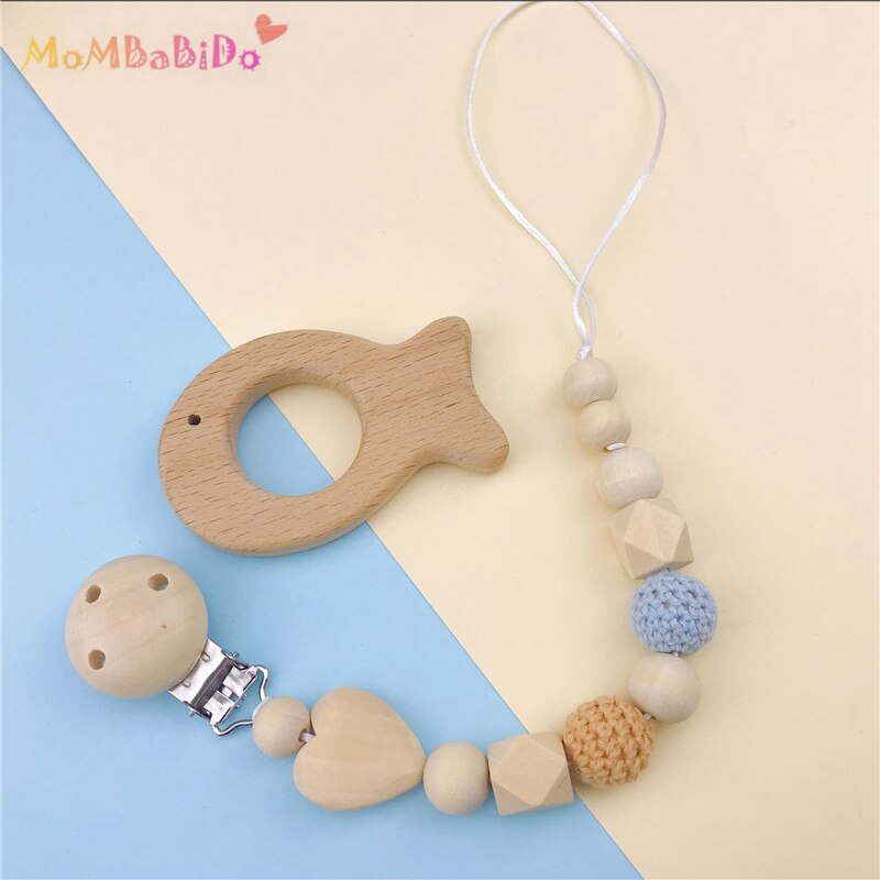 Babyfopspeen Clip Houder Natuurlijke Houten Ring Vormige Hanger Dummy houder Gehaakte kralen pasgeboren Baby Speelgoed Beste