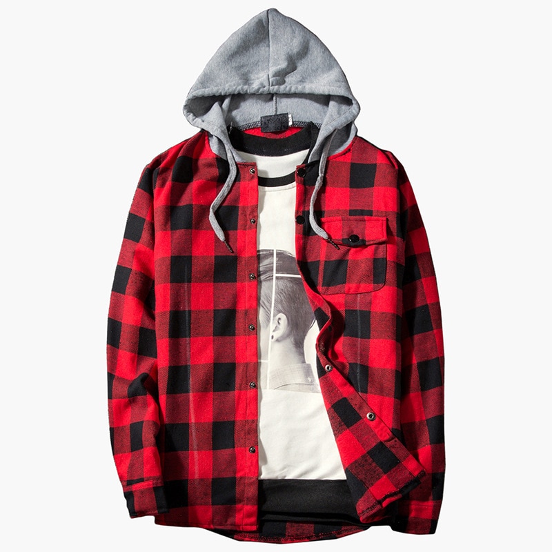 Rød rutete hetteskjorte herremerke casual slim fit langermet herreskjorte hipster streetwear skjorter menn chemise
