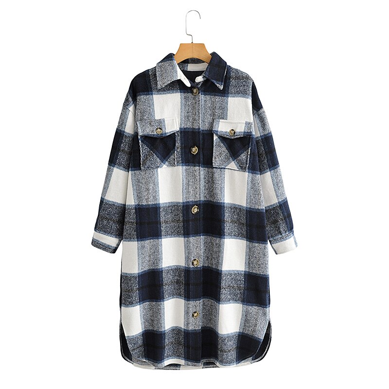 Tangada, Otoño Invierno , chaqueta de abrigo largo a cuadros verde para mujer, abrigo informal cálido, abrigos largos de AI35: blue / M