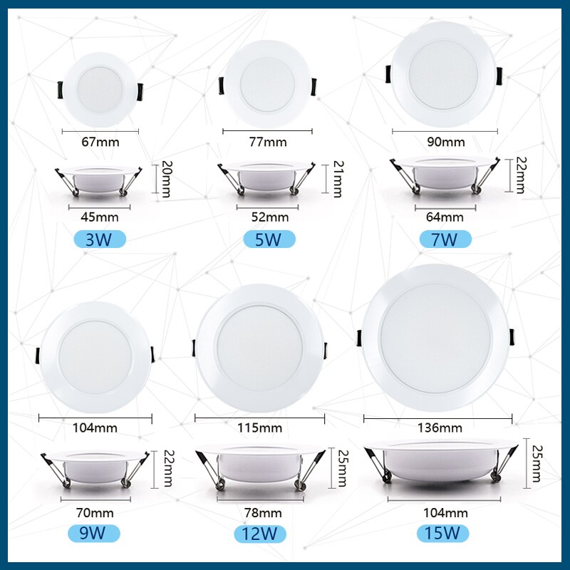 6 stk/parti led downlight 3w 5w 7w 9w 12w 15w rund forsænket lampe  ac220v led loftslys downlights spotlight indendørs belysning