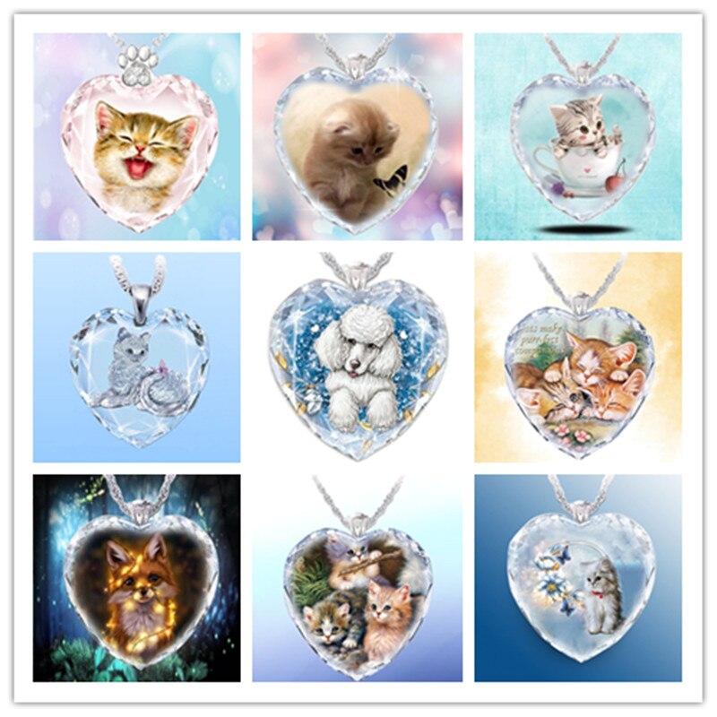 15 Popular Cat and Dog Heart-Shaped Cat and Dog Crystal Glass Pendant Necklaces for Women&#39;s Party Accessories On The Neck