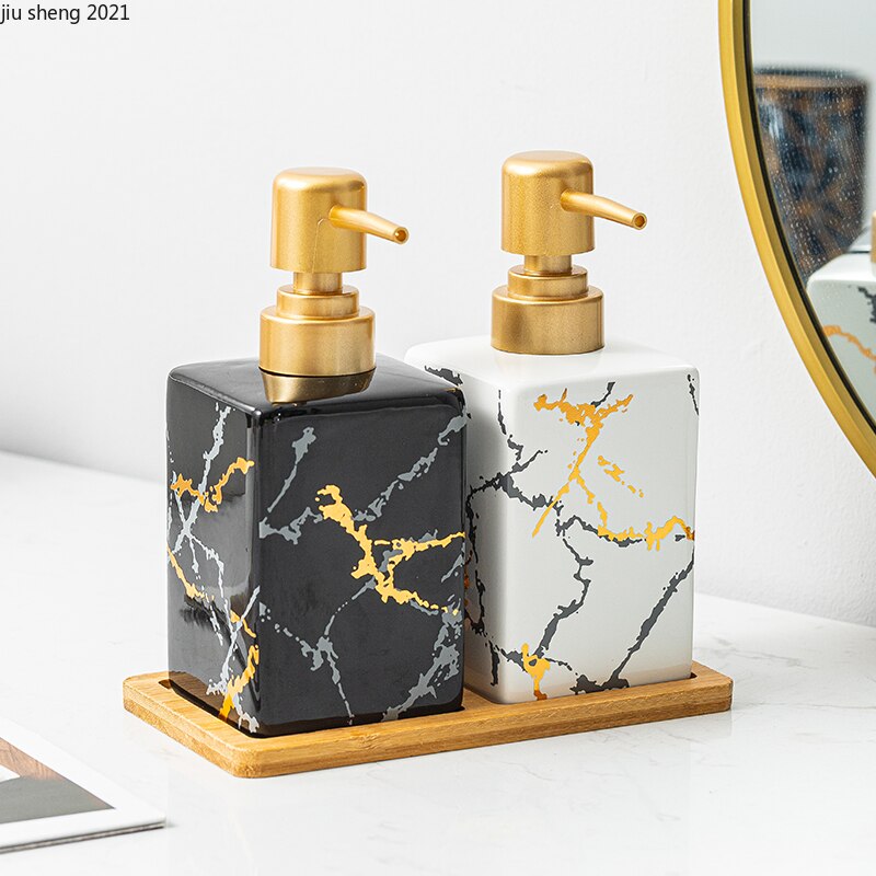European Marble Pattern Ceramic Hand Soap Bottle Luxury Black and White Shampoo Shower Gel Dispenser Bottle Bathroom Accessories