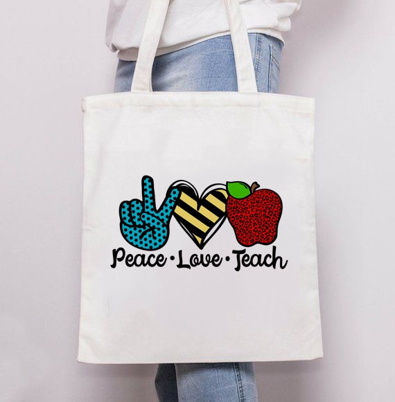 Vrede Liefde Teach Apple Print Leraar Draagtas Winkelen Canvas Herbruikbare Boek Tas Shopper Vrouwen Mode Schouder Casual Tassen