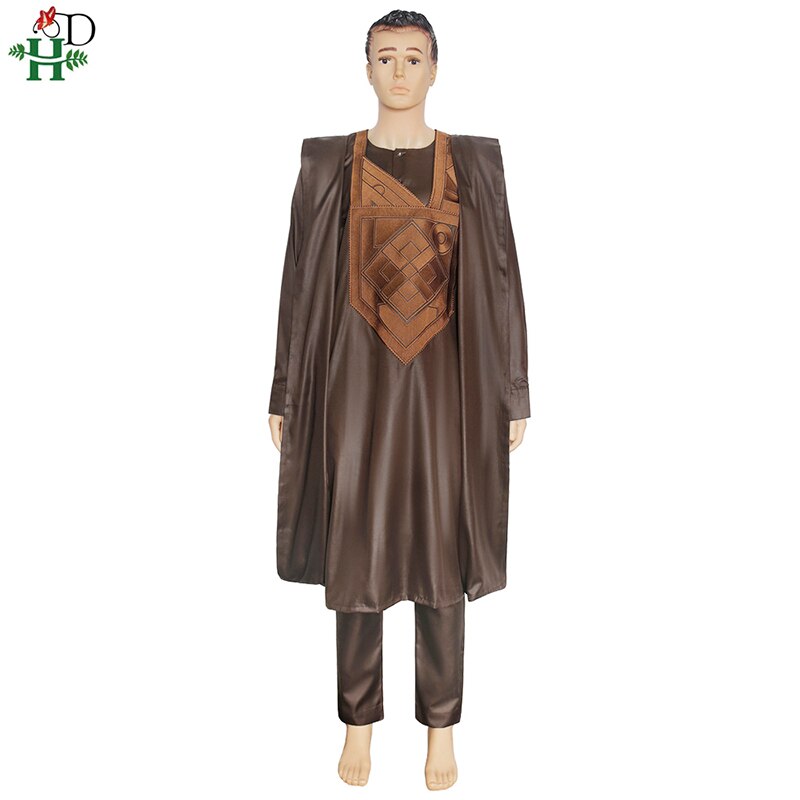 H & d afrikansk traditionel formel agbada mænd dashiki 3 stk jakkesæt kjole skjorte bukser sæt broderi brunt tøj bryllup outfit: Xxxl