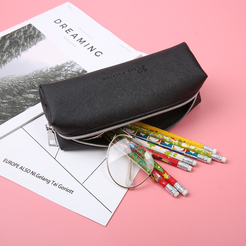 Cute Black PU Leather Pencil Case Big Capacity Zipper Pencil Box For School Pencil Bag School Supplies Tools Girl Cosmetic Bag