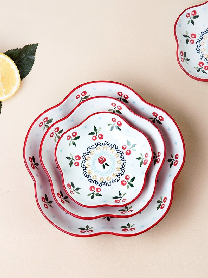 Ceramic dinner plates Hand-Painted Plate Cherry Lace Ceramic Service Plate Household Dish Fruit Salad Dish Snack Flower CakeTray