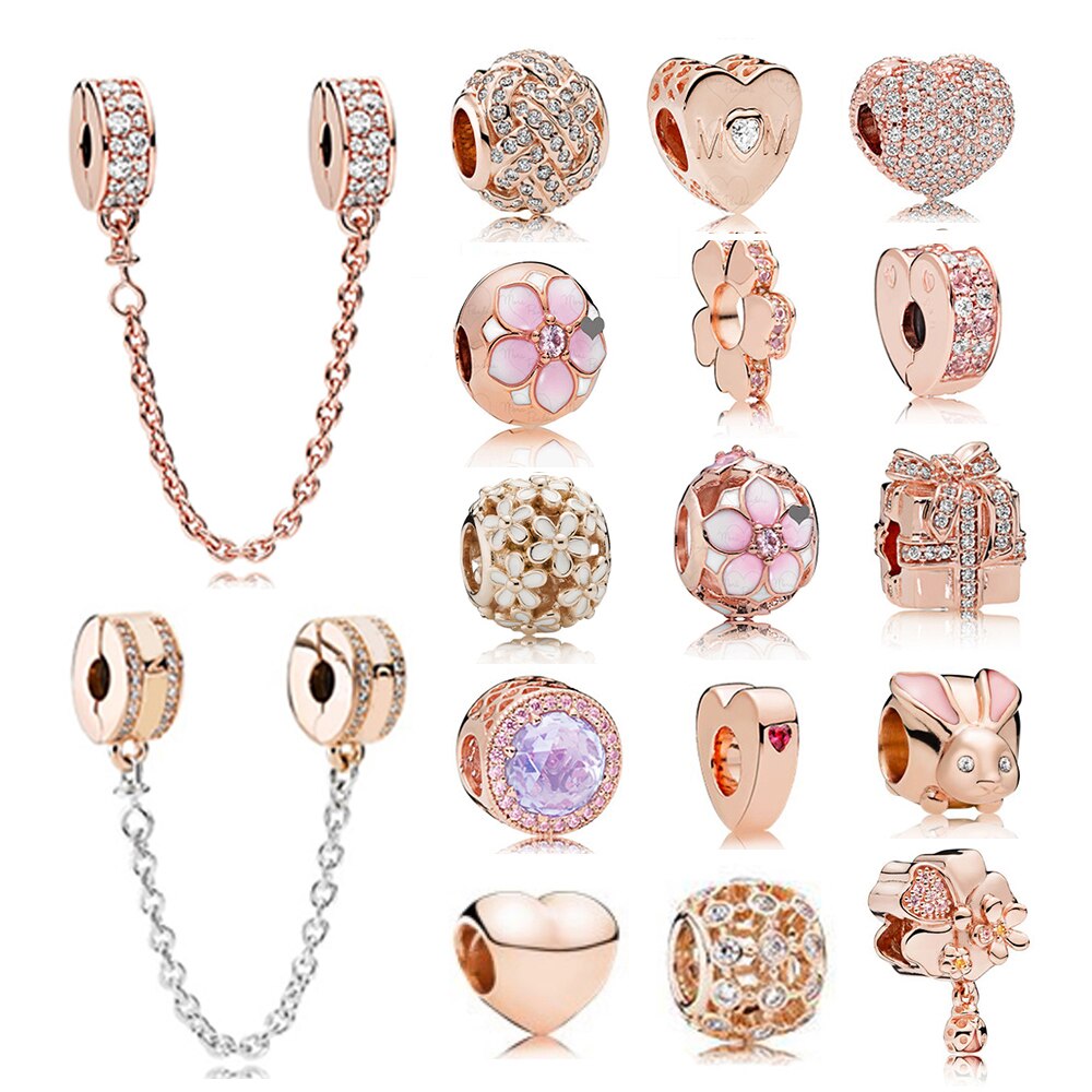 NUOVO 100% 925 Sterling Silver 1:1 Autentico Charm In Oro Rosa Margherite di Cuore-A Forma di Coniglio In Rilievo Clip di Sicurezza Della Catena di Sicurezza