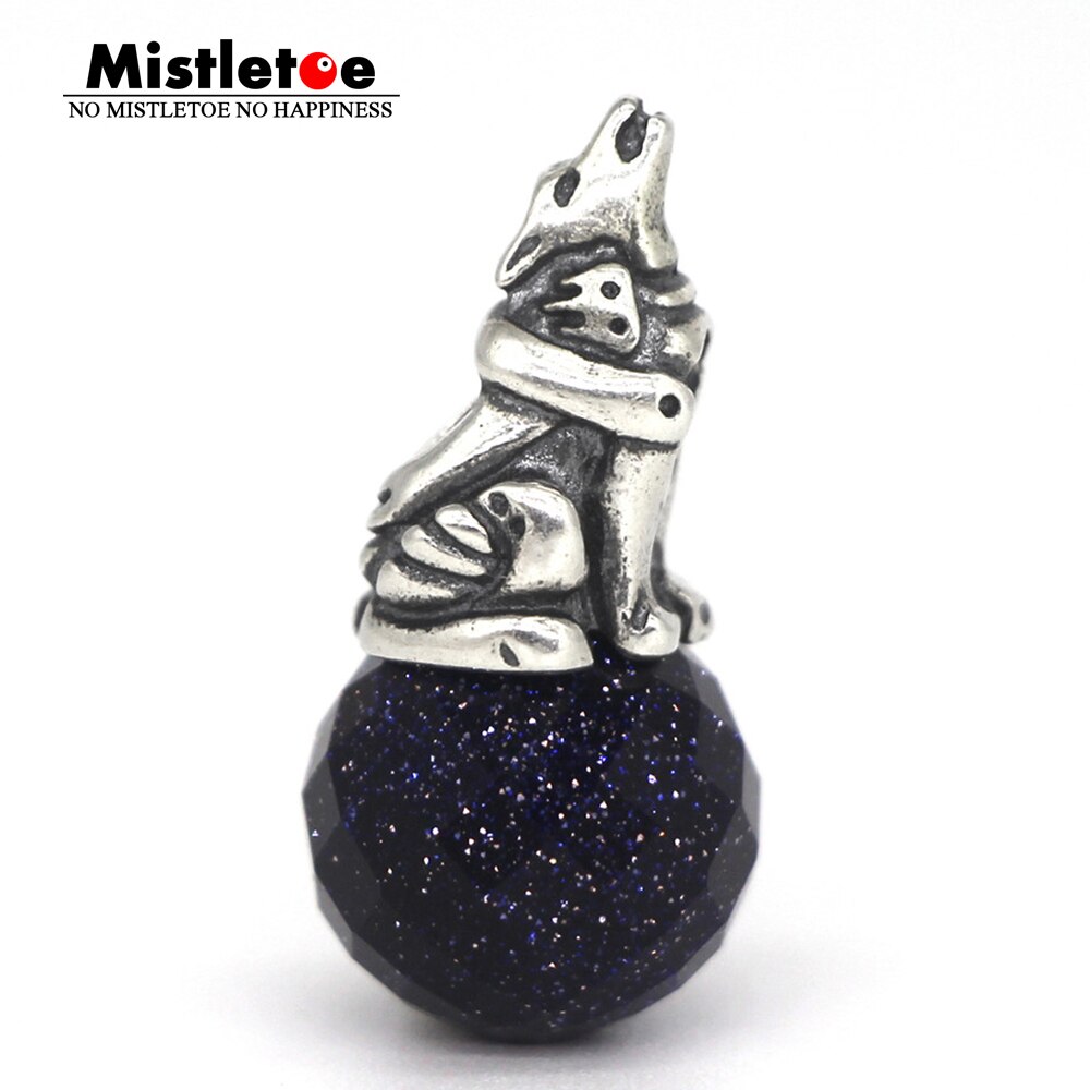 Mistletoe Jewelry 925 Sterling Silver Iron Wolf Charm Bead With Natural Faceted Obsidian Blue sandstone Fit Troll 3.0mm Bracelet