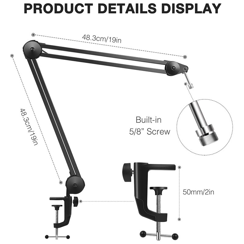 Microphone Arm Stand, Heavy Duty Mic Arm Microphone Stand Suspension Scissor Boom Stands with Mic Clip and Cable Ties