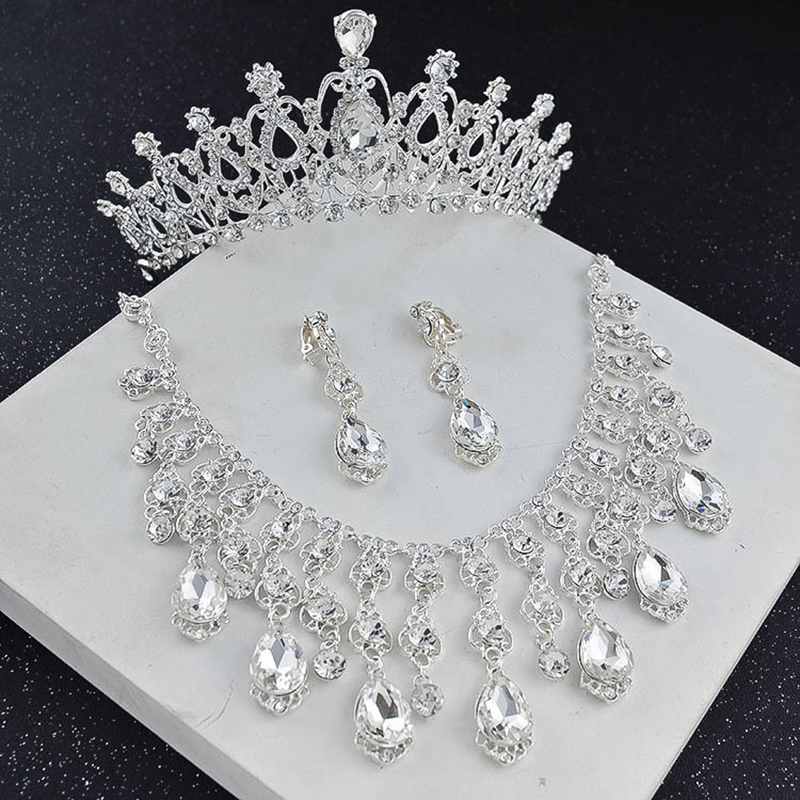 Super Flashing Crystal Jewelry Set White Plating Rhinestone Sparkly Necklace Earring Crown Wedding Dresses Decorations SJT00188