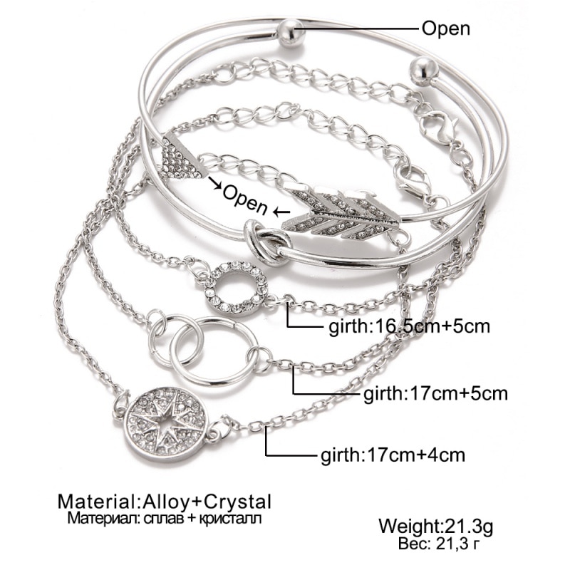 5 Stks/set Bohemian Arrow Crystal Kompas Ronde Geknoopt Geometrische Chain Verstelbare Multilayer Armbanden Set Vrouwelijke Charme Sieraden