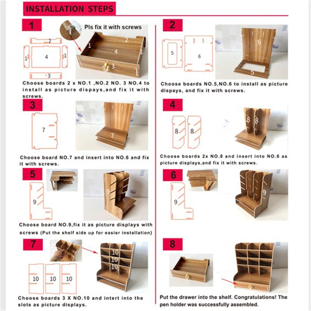Træ skrivebord arrangør blyant holder multifunktionel diy papirvarer desktop opbevaringsboks med skuffe kontor skoleartikler