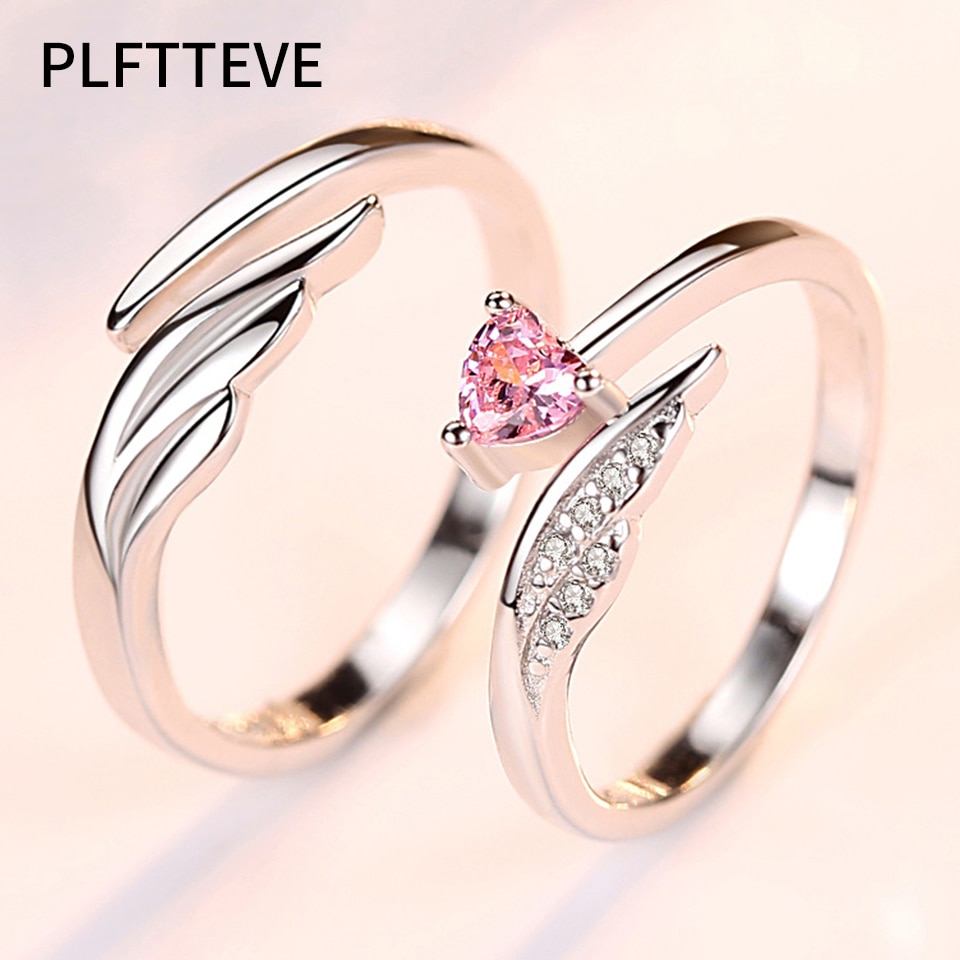 Zirkoon Hart Wings Paar Ringen Voor Liefhebbers Vrouwen Mannen Zilveren Open Verstelbare Man Vrouw Engagement Wedding Ring Mode-sieraden