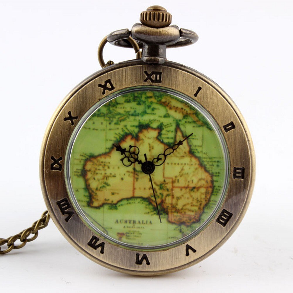 Womens Mens Quartz Pocket Watch 1pcs Vintage Watch Necklace Retro Australia Map Watch Pendant Clock On Chain: Australia Map 1