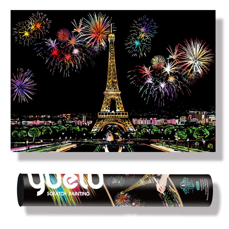 Diy Handleiding Schrapen Schilderij Grote 75*52Cm Reel Wereldberoemde Lanscape Building Night View Kras Schilderen Papier tekening Speelgoed: Eiffel Tower