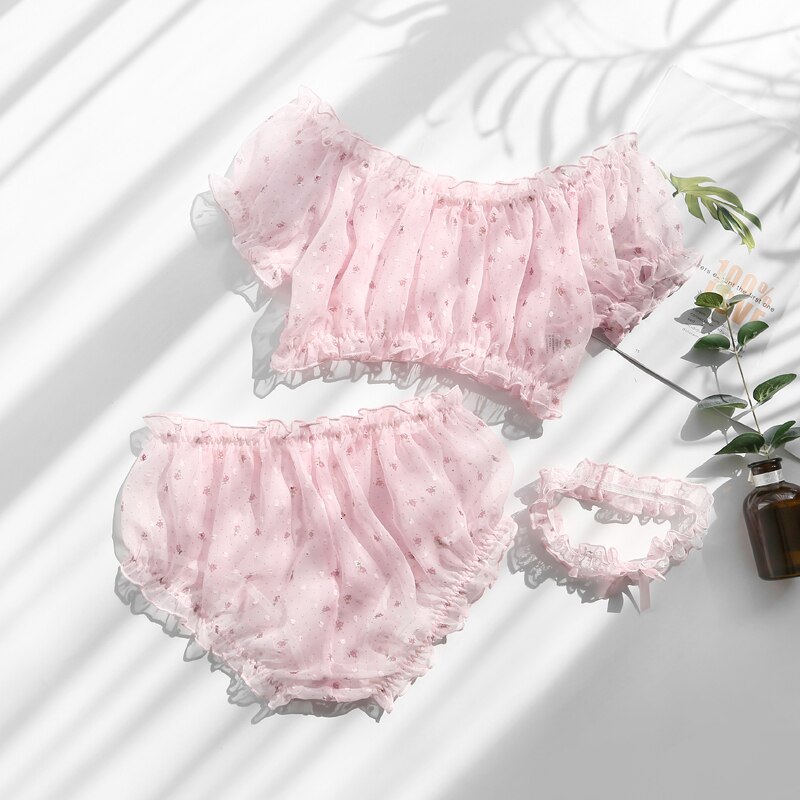 Pastal jente stil sexy undertøy undertøy gjennomsiktig blomster søt chiffon vakker tube topp bh truse ben ring 3 stk sett