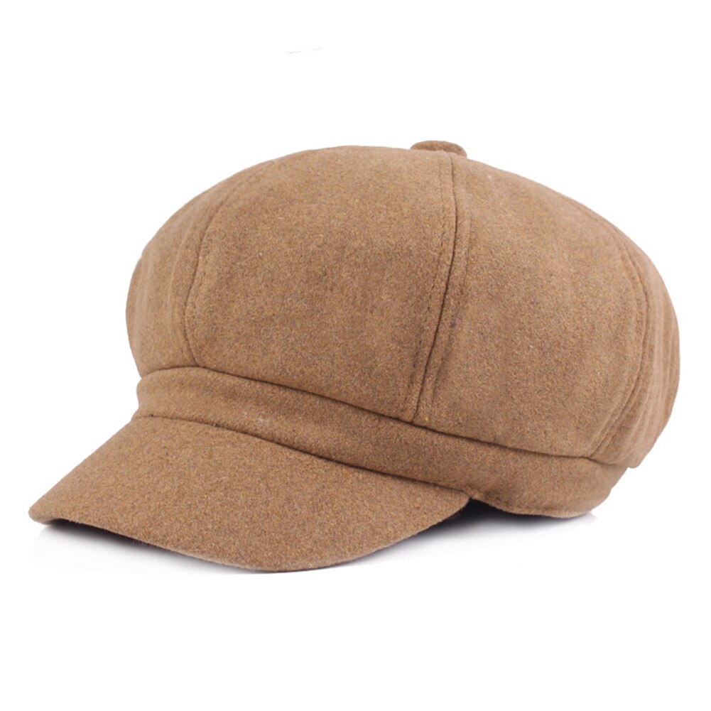 Vintage Temperament Ladies Woolen Octagonal Cap Popular Newsboy Cabbie Cap Casual Universal Beret Hat: Khaki