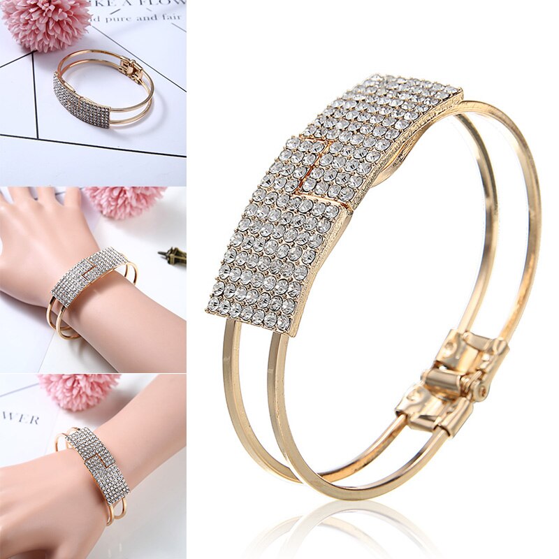 Vrouwen Mode Twee Rij Strass Armband Manchet Starry Brede Armband Bruids Sieraden Goud Kleur Metal Bangle Accessoires