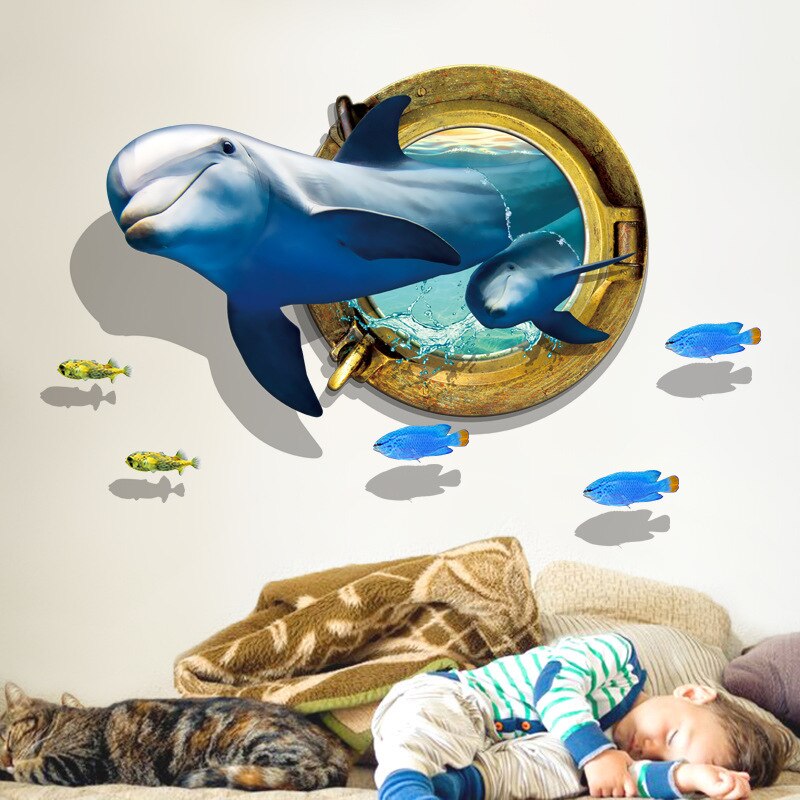 3D Smile Dolphin Wall Stickers Fish Decals Shell Bathroom Stickers Decoration Kid Living Room Ceiling Wallpaper Home Floor Decor