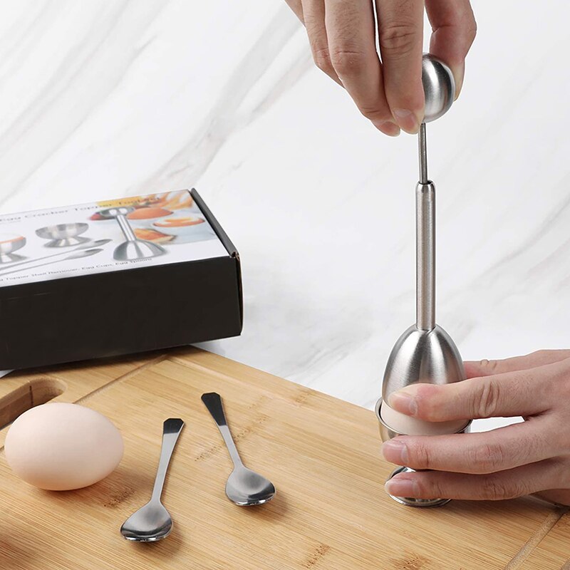 Stainless Steel Boiled Egg Topper EggShell Cracker Opener Egg Spoon Holder Kitchen Gadgets
