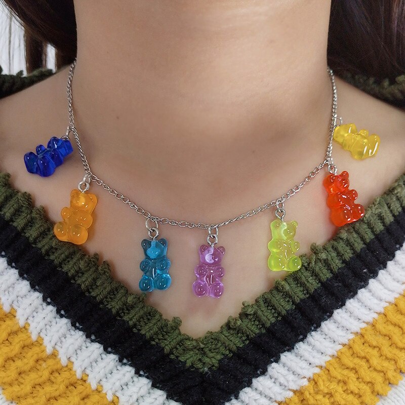 7 Colors Rainbow Pride Cute Jelly Bear Gummy Necklaces for Women Girls Cool Punk Hip Hop Resin Necklaces Accessories