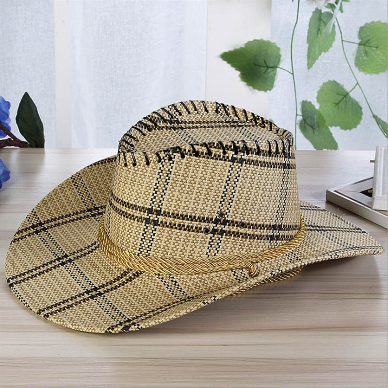 plaid straw hat men's cowboy hat summer sun hat outdoor sun hat big beach hat casual style travel cap