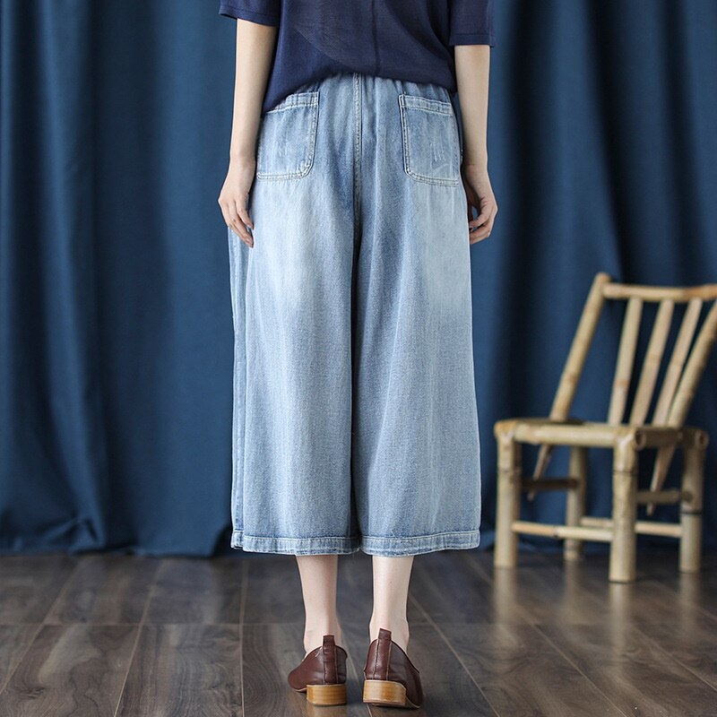 Chinese Style Women&#39;S Jeans Vintage Denim Chinese Trousers Womens Embroider Jeans Kung Fu Pants Ethnic Wide Leg Pants 10370
