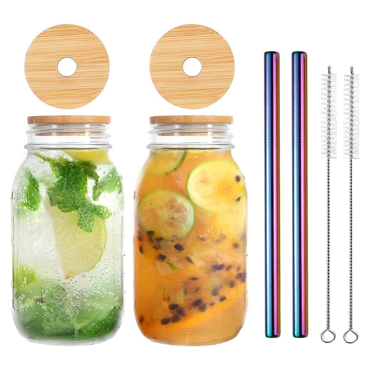 2Pcs Mason Jars with Lids and Straws 600/800ml Mason Jar Drinking Glasses for Bubble Tea Boba Milkshake Jam Juices Drinkware: 800ml Rainbow Straws