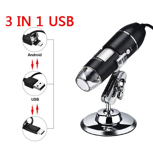 Microscopio Digital con USB, cámara endoscópica de aumento 1600X con adaptador OTG Compatible con Mac Windows 7/8/10 Android Linux: 1000X / 3 IN 1 mini Bracket