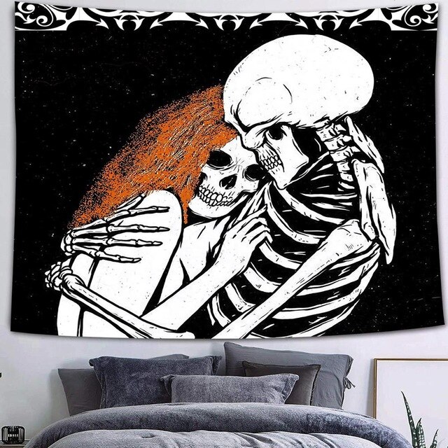 Tapiz gótico de Calavera, Luna, estrellas, cielo estrellado, montaña, negro y blanco, constelación romántica, tapiz para colgar en la pared, decoración estampada: 6