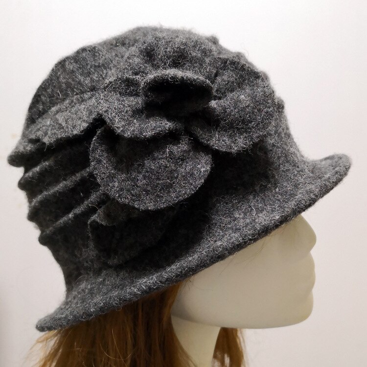 Kvinders fedora hat dame uld blomsterhat vinter vintage cloche bøttekasket kvinde fest hovedbeklædning chapeau femme: Dyb hamp
