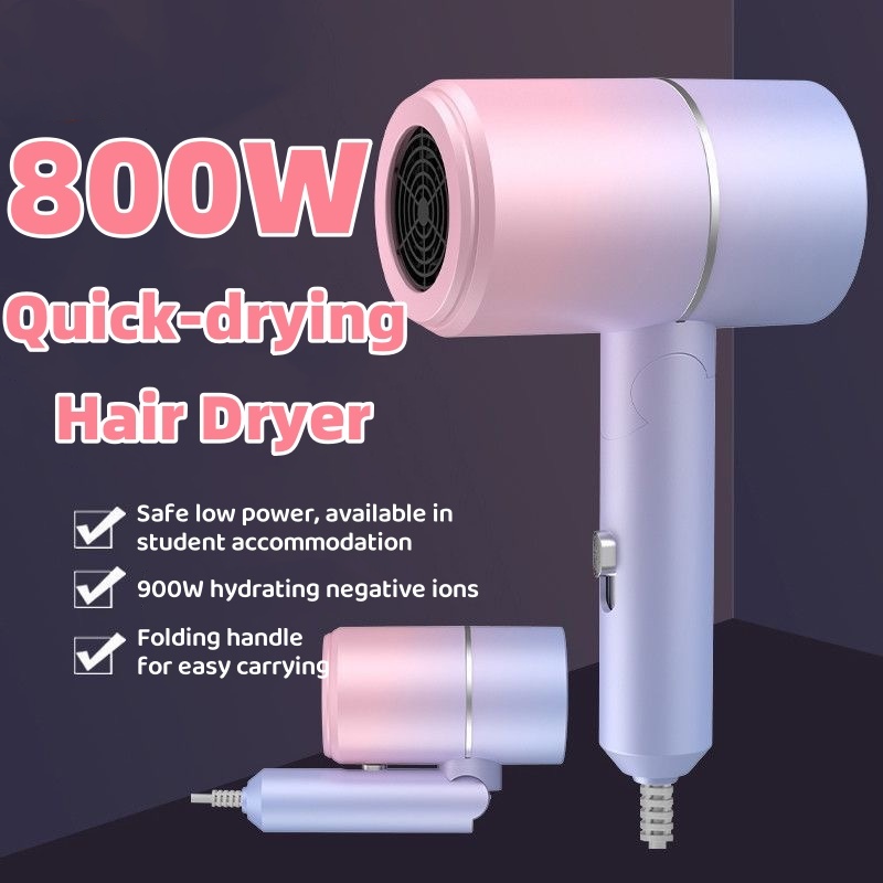 Mini secador de pelo plegable, 800W, seguro, baja potencia, iones negativos hidratantes, cuidado del cabello para el hogar, viaje, dormitorio, secador silencioso