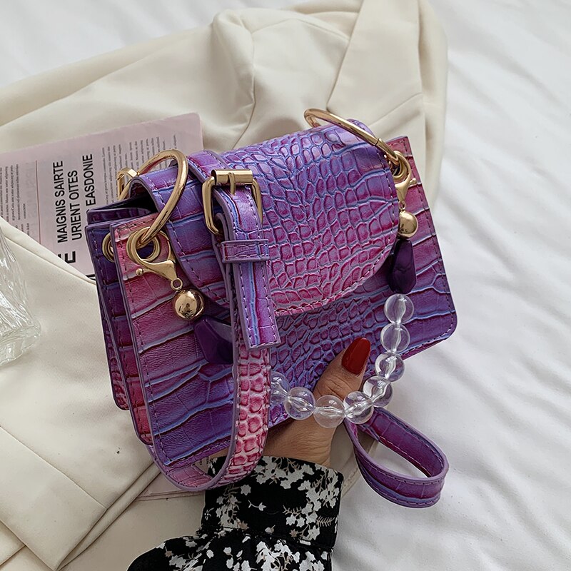 SWDF Crocodile pattern Small Tote bag Summer PU Leather Women's Handbag Gradient Shoulder Messenger Bag: Purple