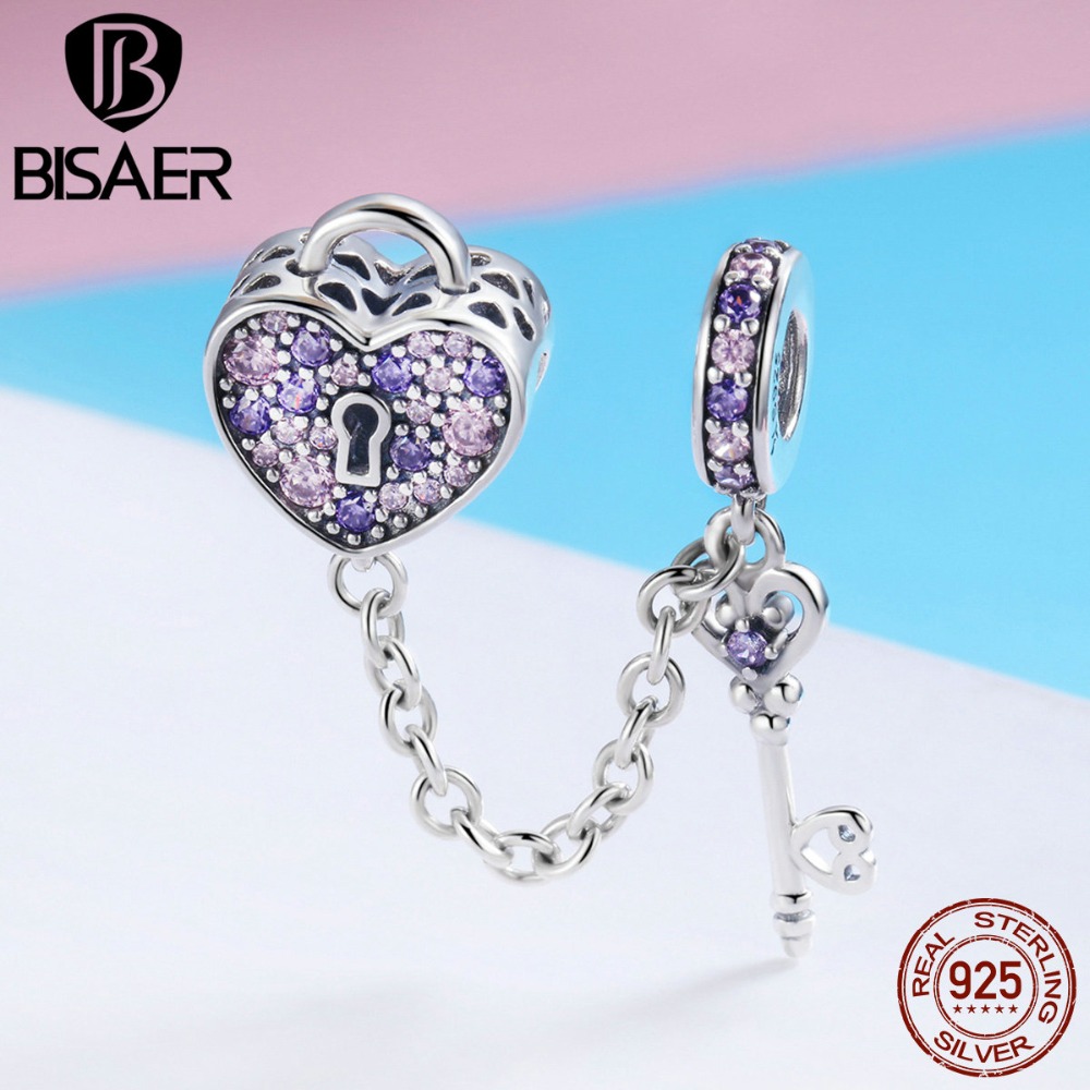 BISAER réel 925 argent Sterling clé serrure de coeur breloques rose CZ coeur perles ajustement pour les femmes Bracelet bijoux à bricoler soi-même faisant ECC772