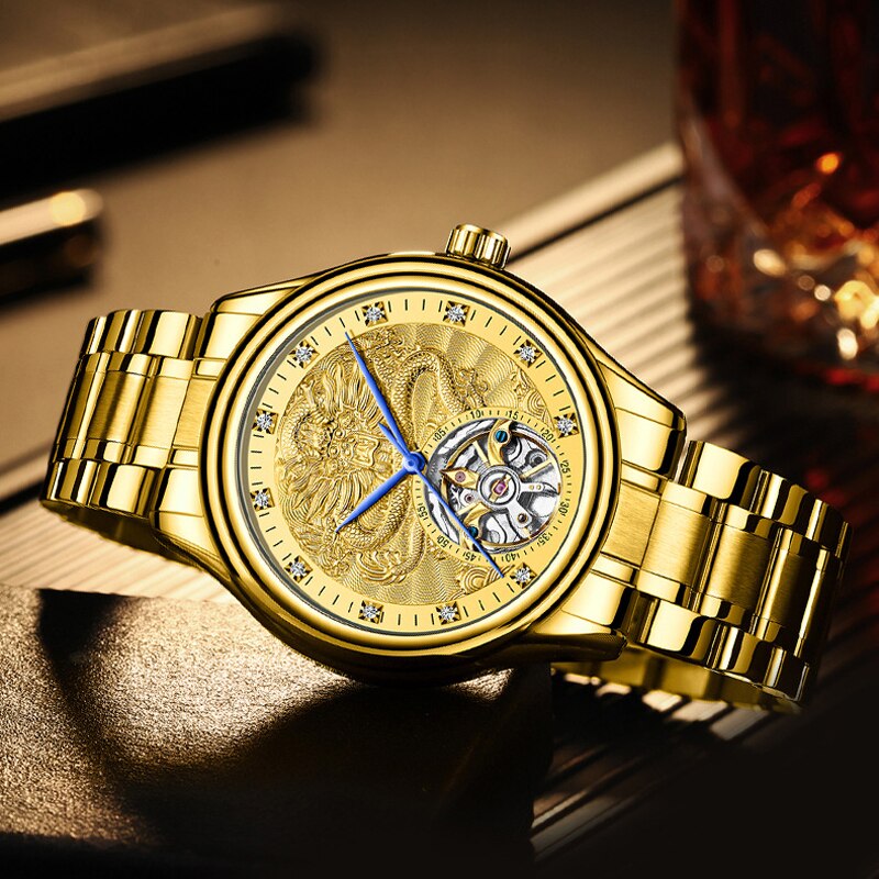 FNGEEN Luxus Männer Automatische Mechanische Uhr Wasserdicht Gold Drachen Uhren Für Männer Edelstahl Tourbillon Relogio Masculino