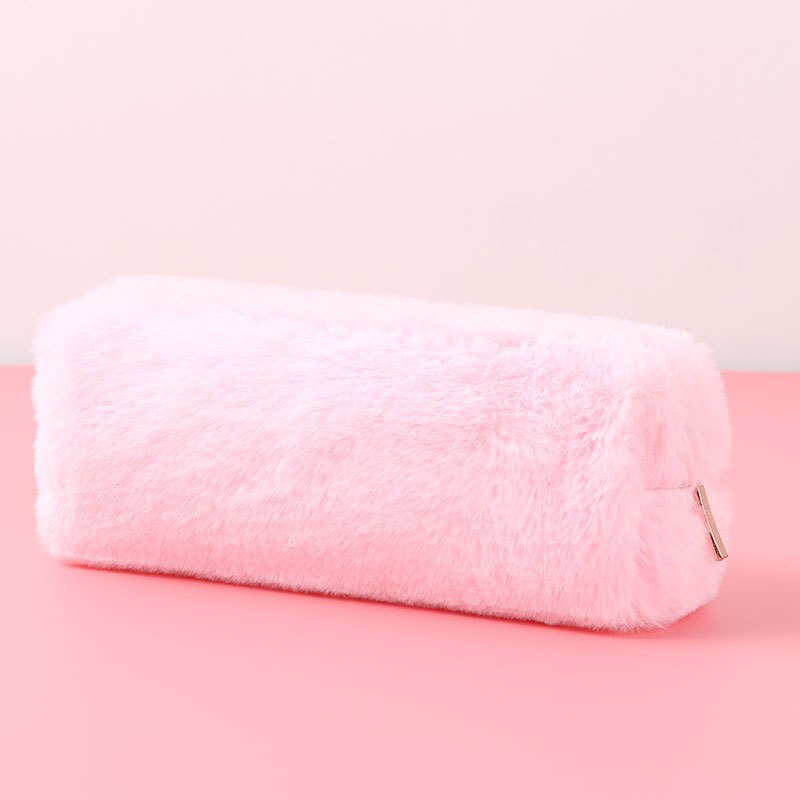 EZONE-Bolsa de pluma de peluche, estuches de lápices de colores caramelo peludos con pelo cálido de invierno con cremallera, para estudiantes, escuela y oficina: Rosa