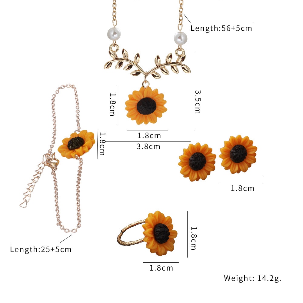 4 Pieces/set Fashionable Sunflower Leaf Pendant Necklace Earrings Cute Flowers Clavicle Chain Jewelry Sets for Women