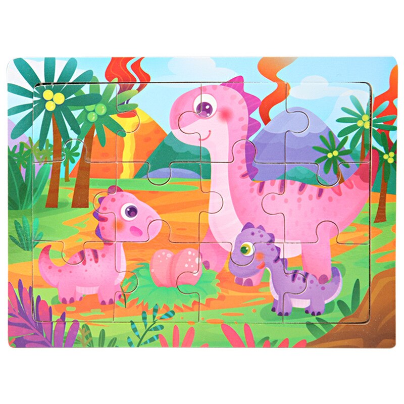 Frühe Bildung Spielzeug Puzzle 1Pcs Holz 12 Stück Baby Cartoon Tier kinder Spielzeug 15*11CM: pink purple dinosaur