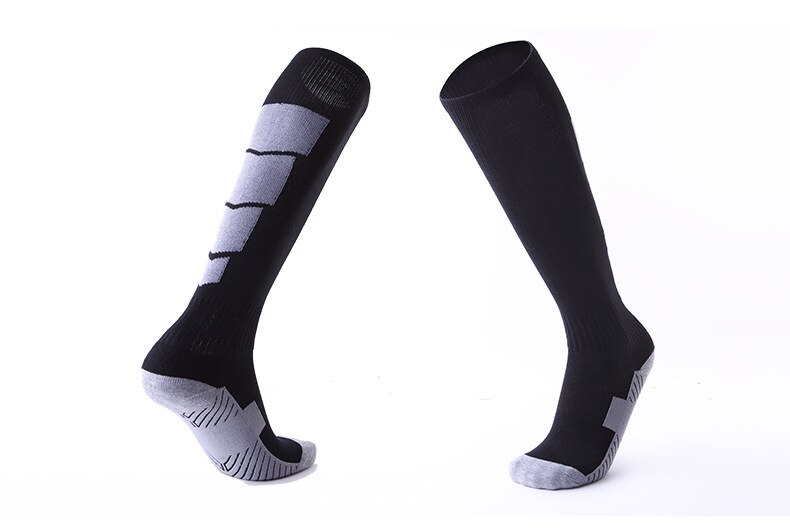 Mænd kvinder sportsfodboldstrømper knæhøjt kompressionshåndklæde slidbestandigt åndbare leggings strømpe fodboldsok: Sort