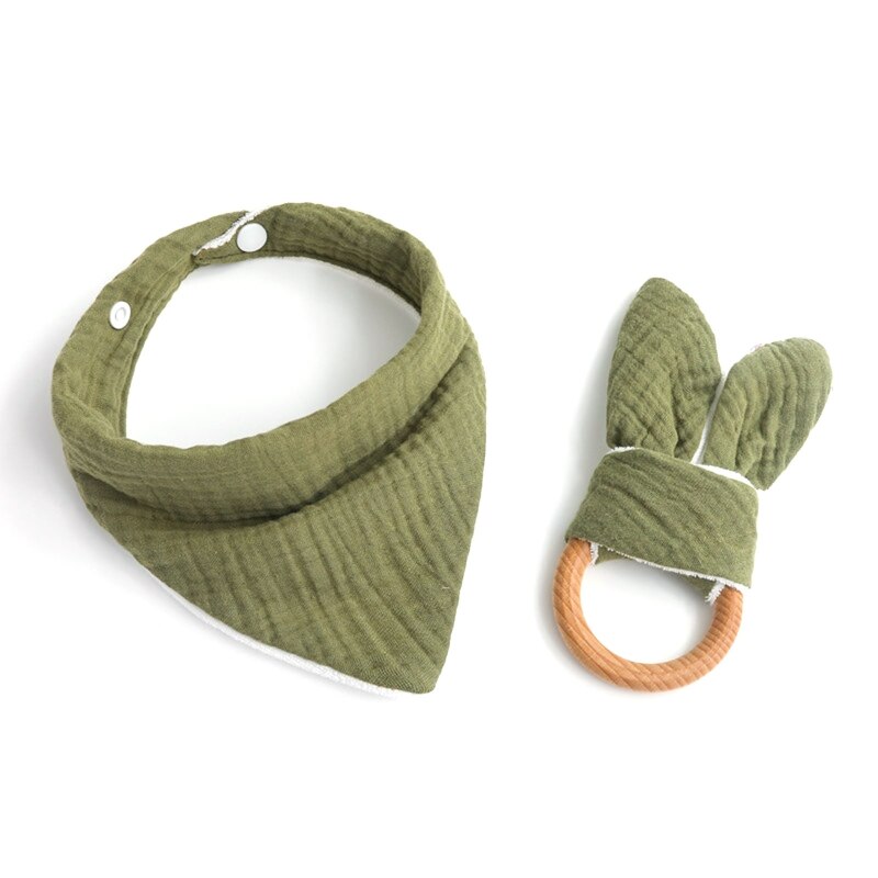 2 Stks/set Baby Jongen Meisje Speeksel Tissue Molars Ring Houten Bijtring Set Katoenen Mousseline Slabbetjes Effen Kleur Burp Doek Driehoekige sjaal